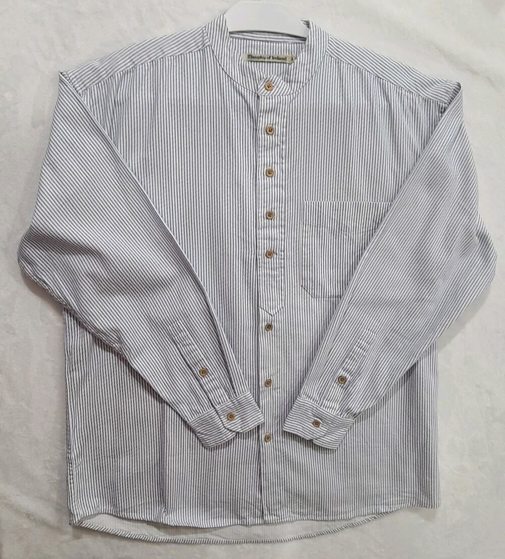 Murphy Of Ireland Grandfather Collarless Shirt Mens M Pure Cotton Blue Striped